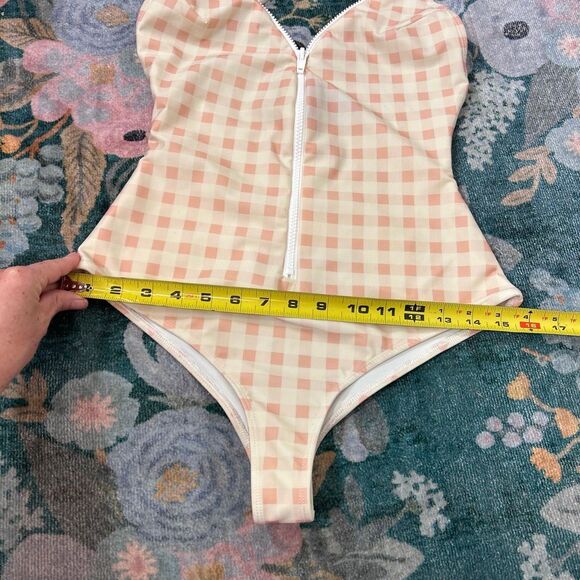 For Love And Lemons Bonnie One Piece Swimsuit Zip Up Small Pink Gingham Halter S - Picture 11 of 16
